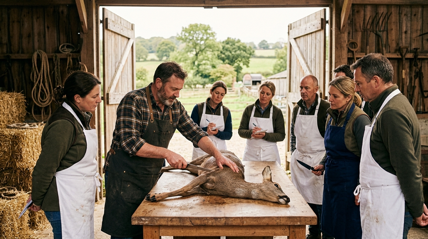 Hands-on wild game butchery and fire cooking workshop with participants around a fire