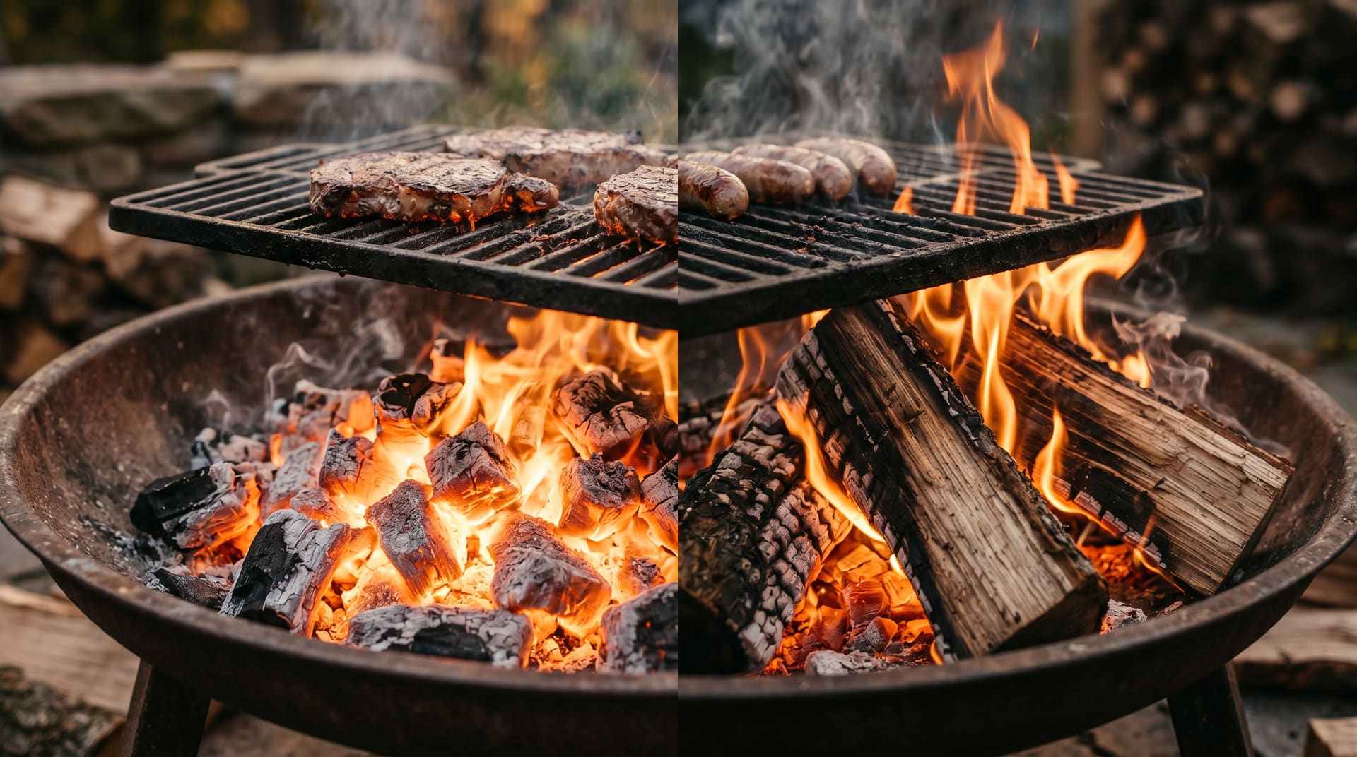 Split view of glowing charcoal embers and burning oak logs side by side under a grill grate