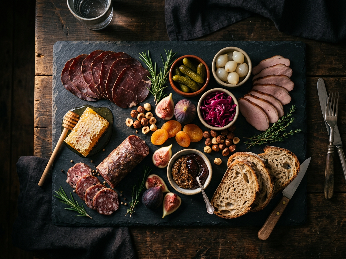An abundant grazing table with wild game charcuterie, cured meats, cheeses, breads and fruit