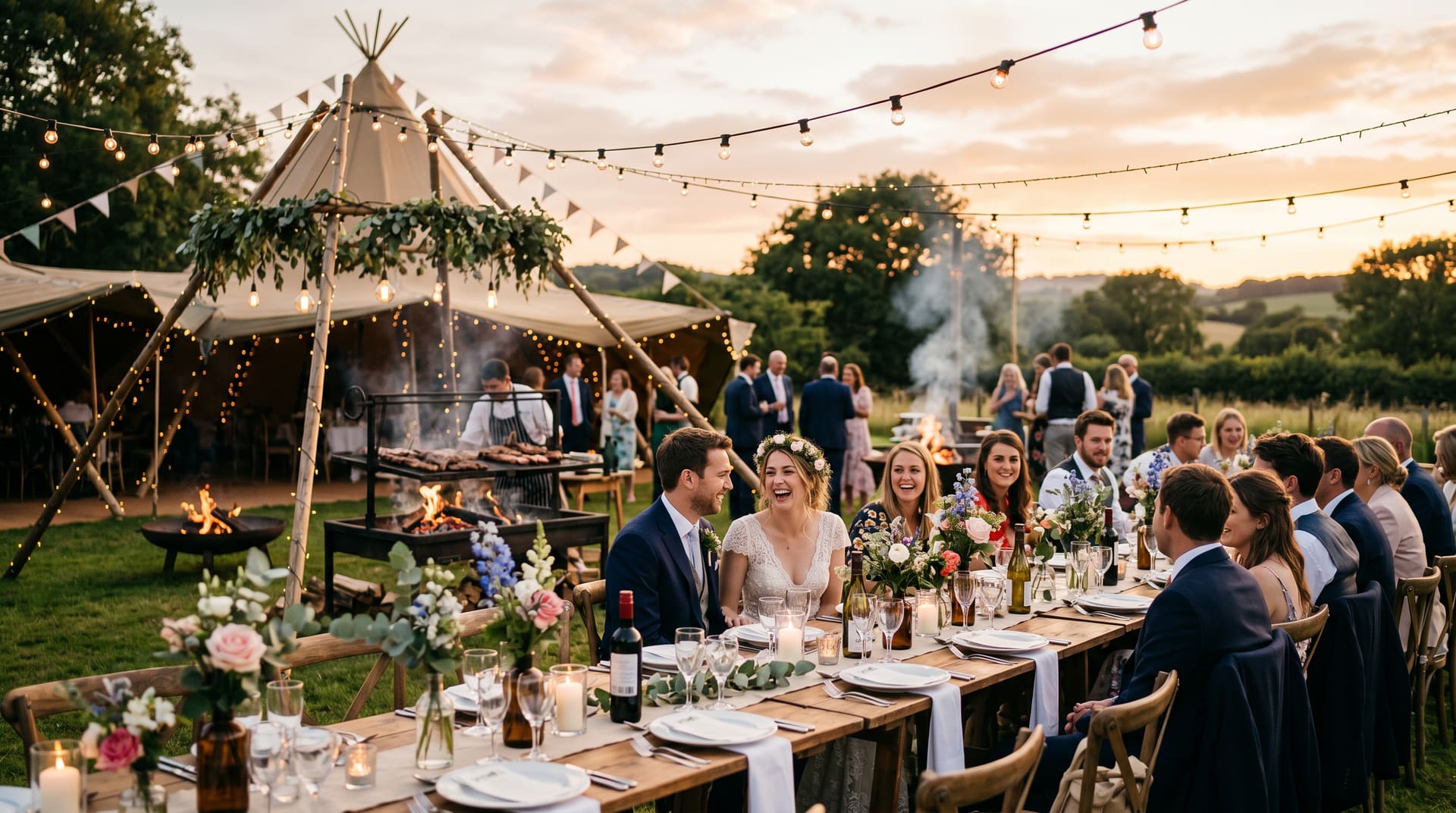 Elegant outdoor wedding reception table with fire pits and fairy lights at golden hour