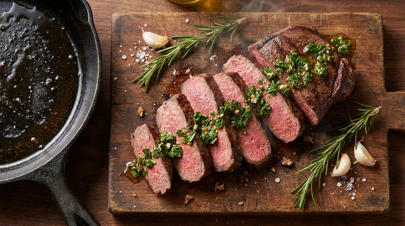 Perfectly cooked medium-rare venison steak sliced on rustic wooden board with chimichurri and rosemary