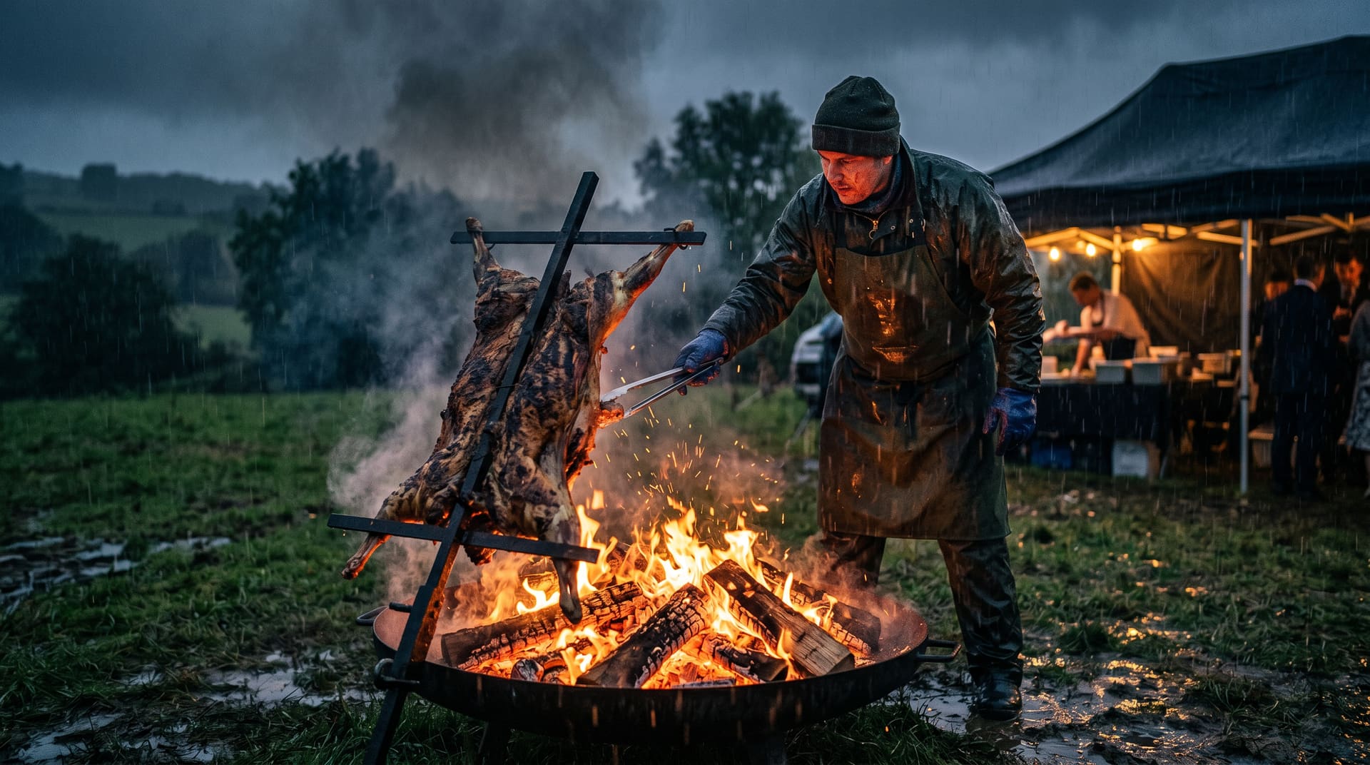 Live fire cooking at night in winter with glowing embers against a dark frosty sky