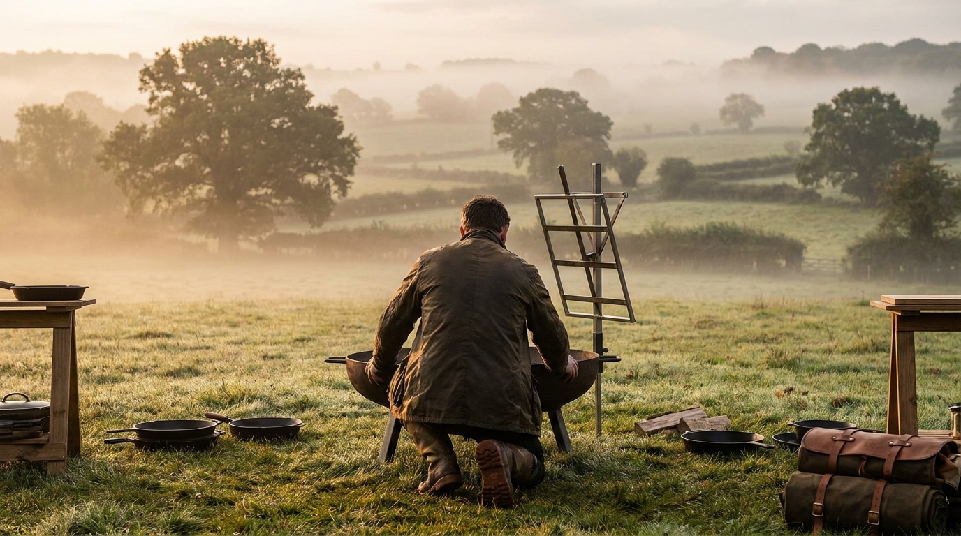 Chef at dawn in misty English countryside field setting up outdoor fire pit with golden light breaking through
