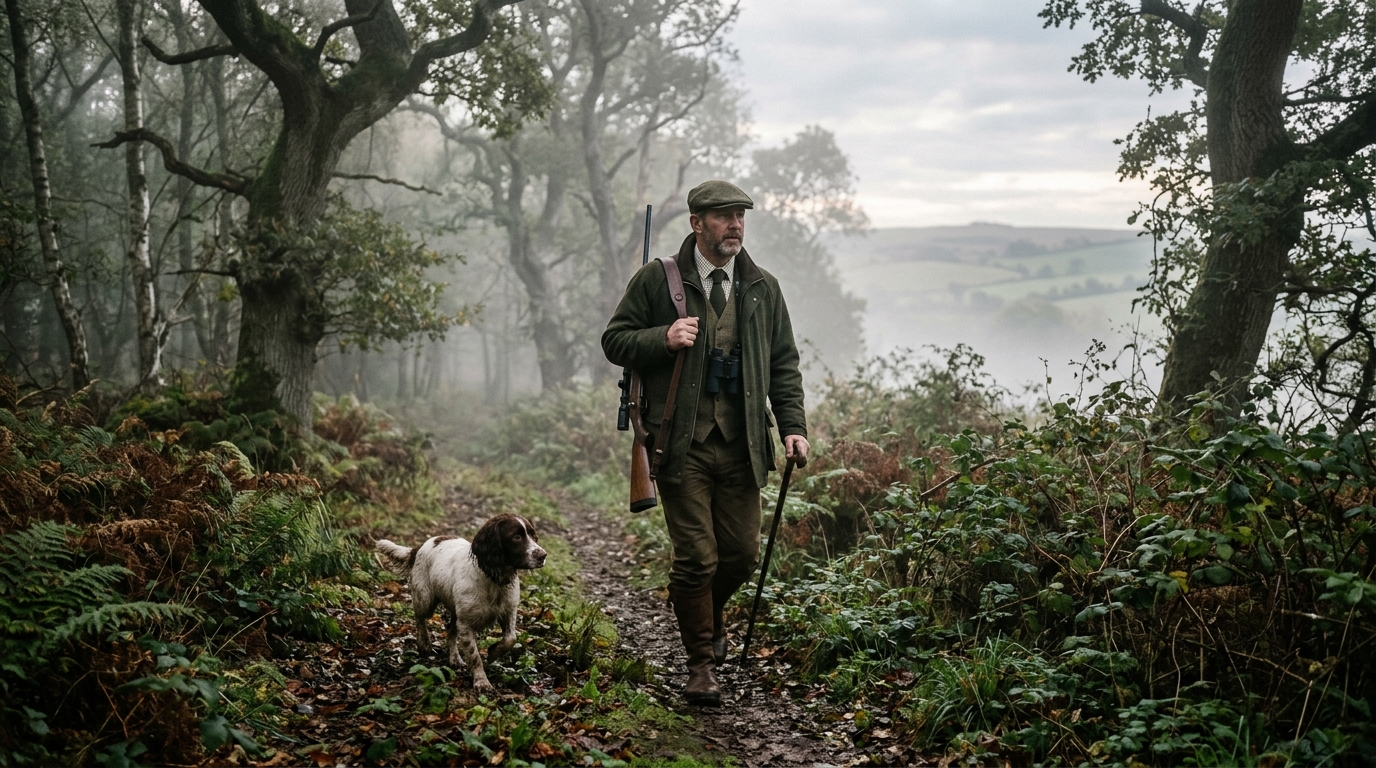 A deer stalker walking through misty British woodland at dawn as part of sustainable deer management