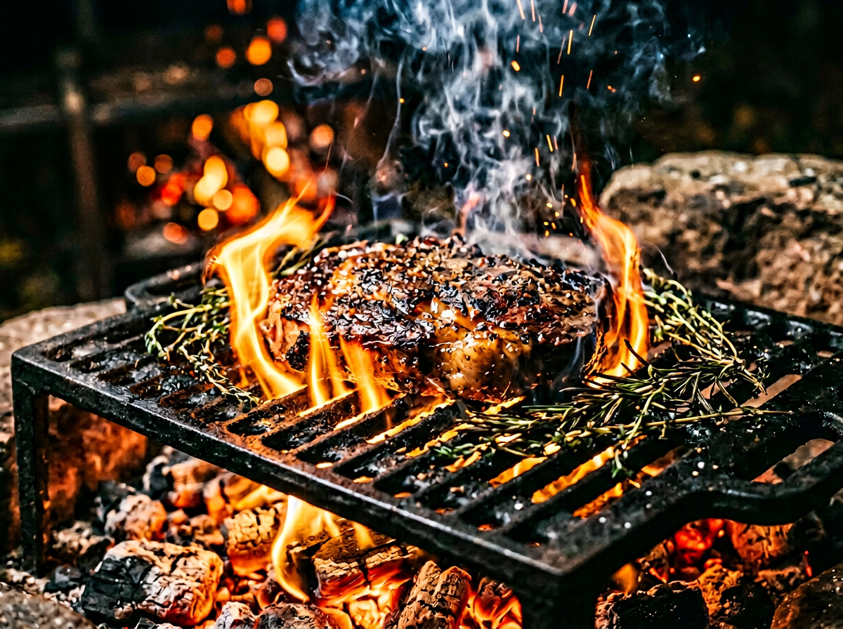 Team gathered around live fire cooking at a corporate away-day with flames and outdoor setup