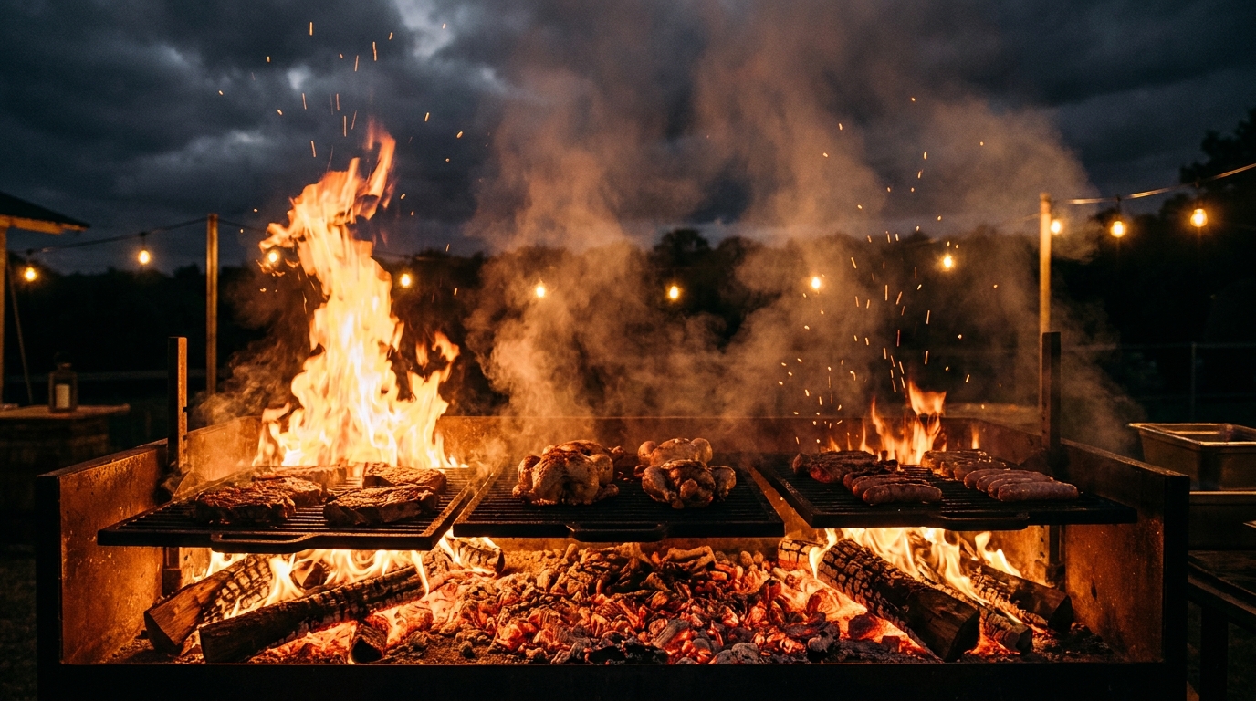 Spectacular nighttime live fire cooking scene with orange flames and glowing embers and smoke rising