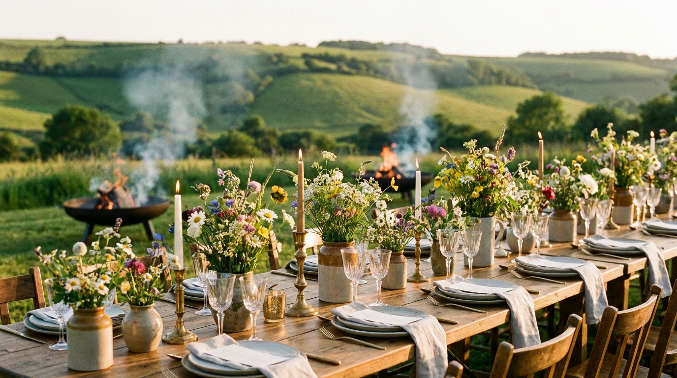Beautifully styled outdoor wedding banquet table in English countryside garden at golden hour with fire pits glowing