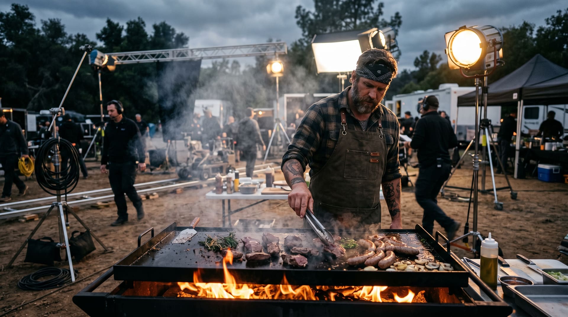 Live fire chef cooking on a film production set with lighting rigs and crew in the background