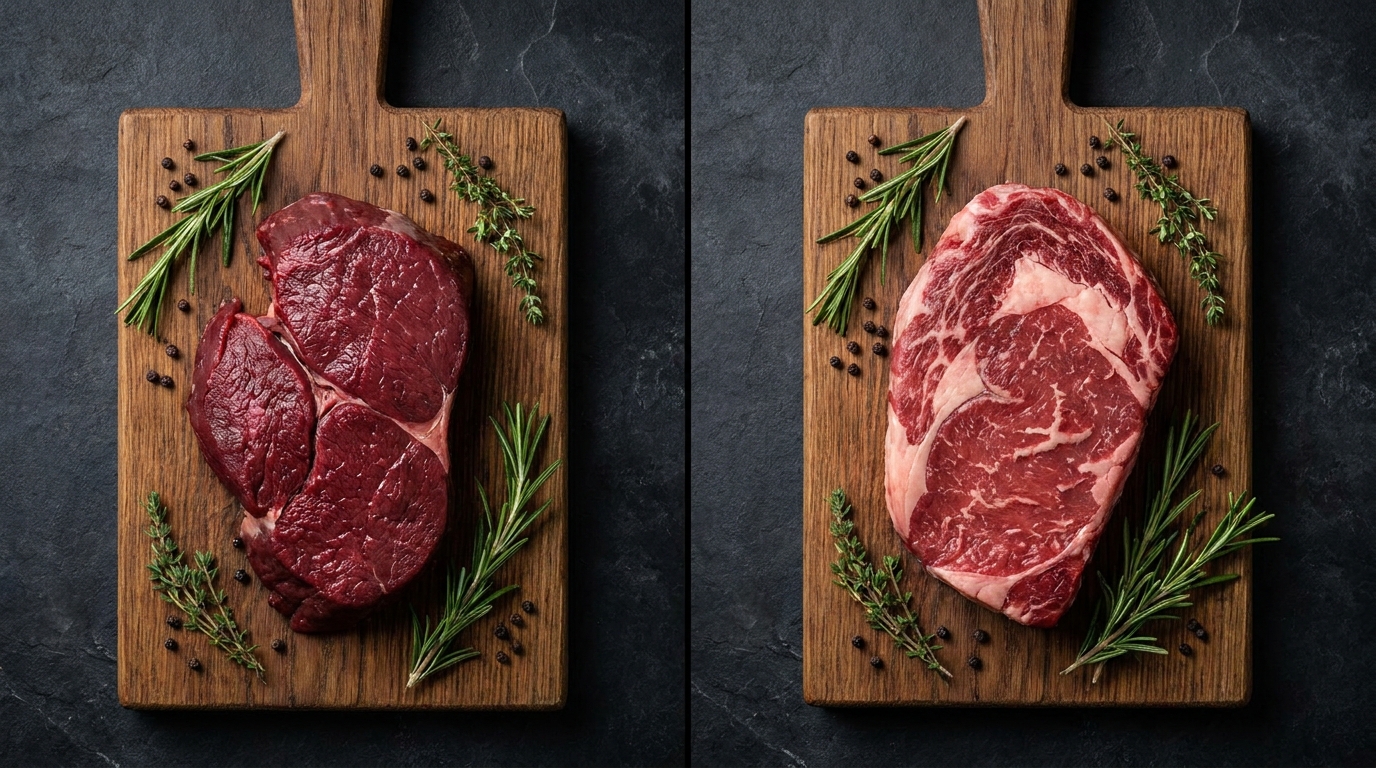 Thick beef steak searing over glowing embers with flames licking the edge of the grill