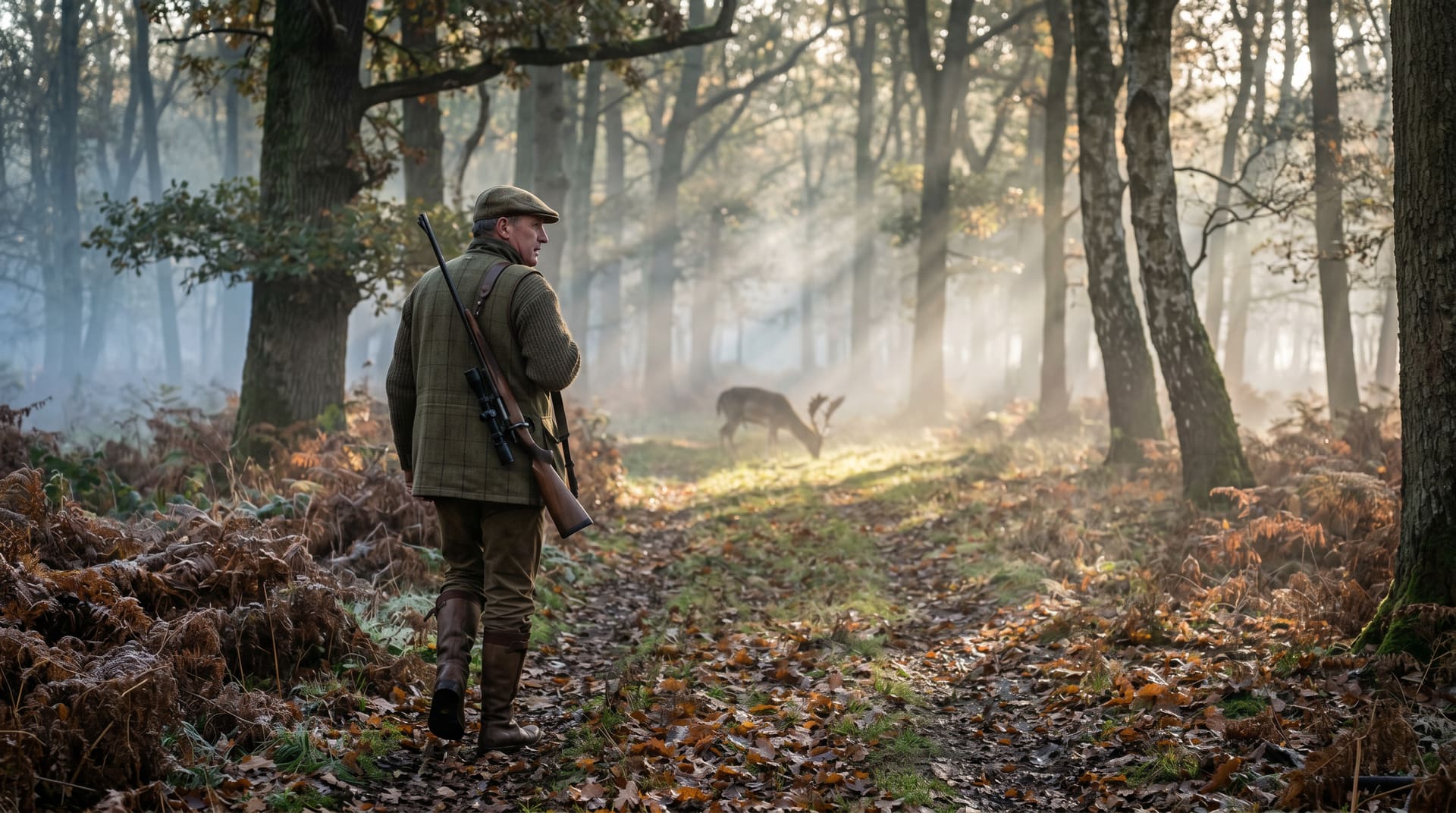Hunter walking through misty British woodland at dawn with a rifle and fallow deer in the background