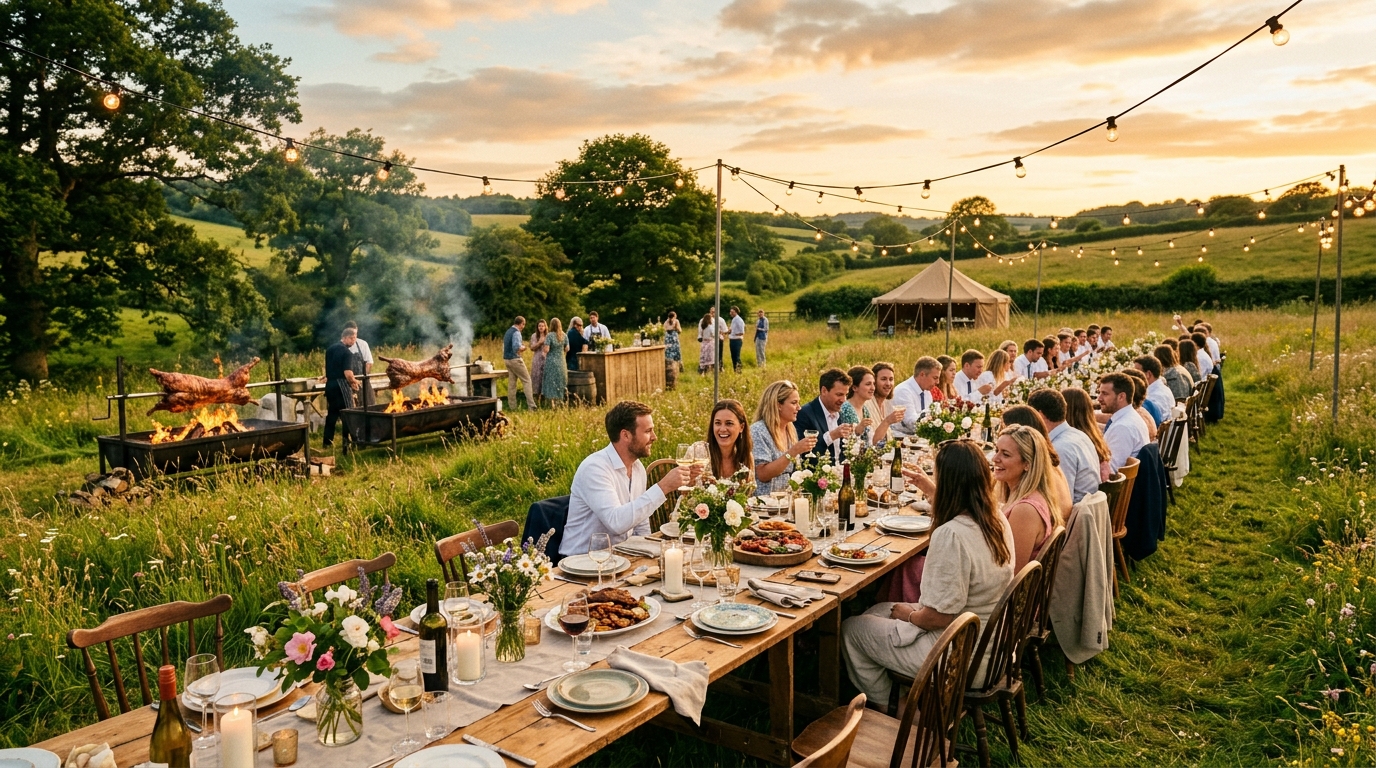 Wild venison dish plated beside a glass of red wine with fire glowing behind