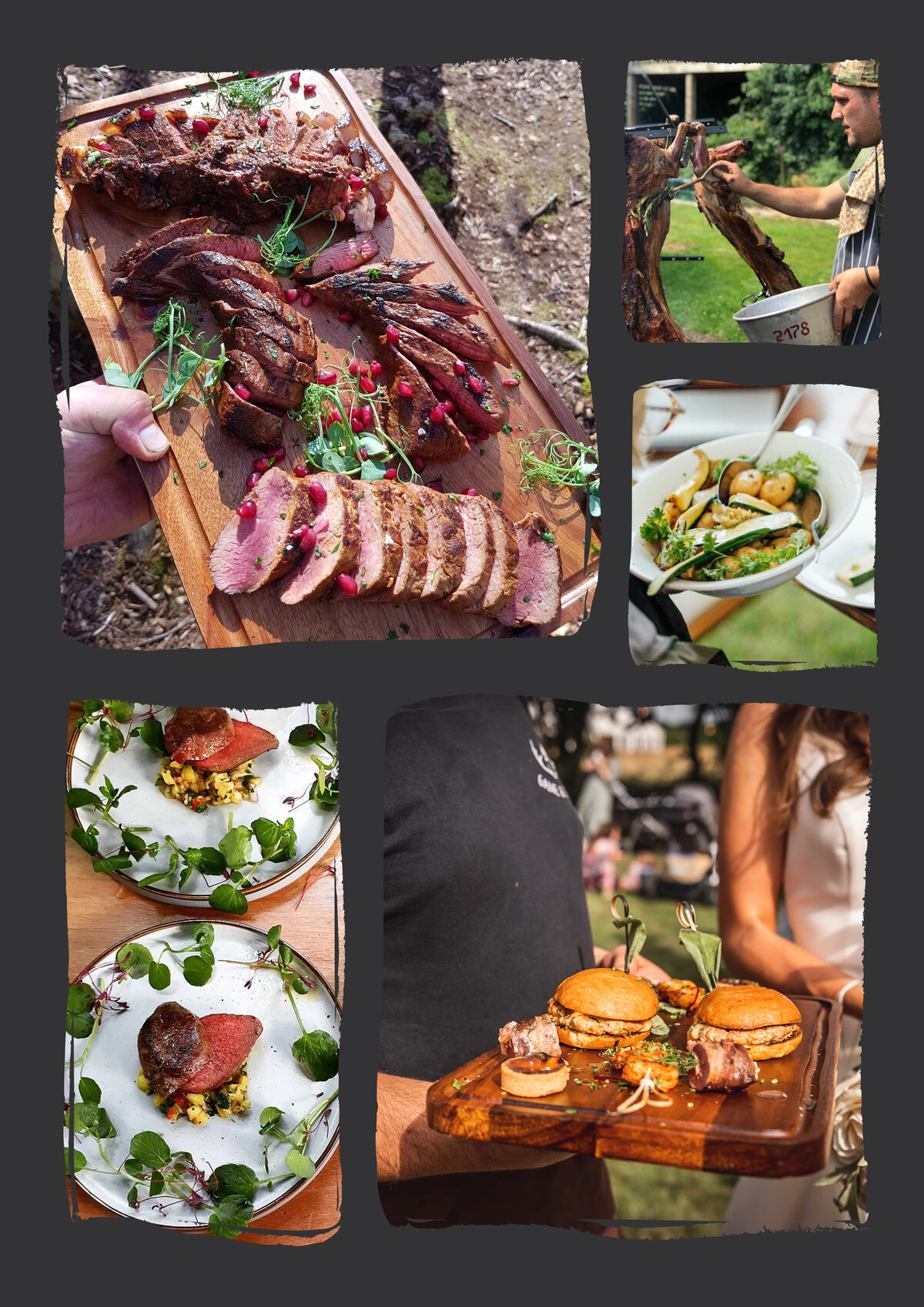A spread of fire-cooked wild game dishes, sharing boards and seasonal sides laid out for a wedding feast