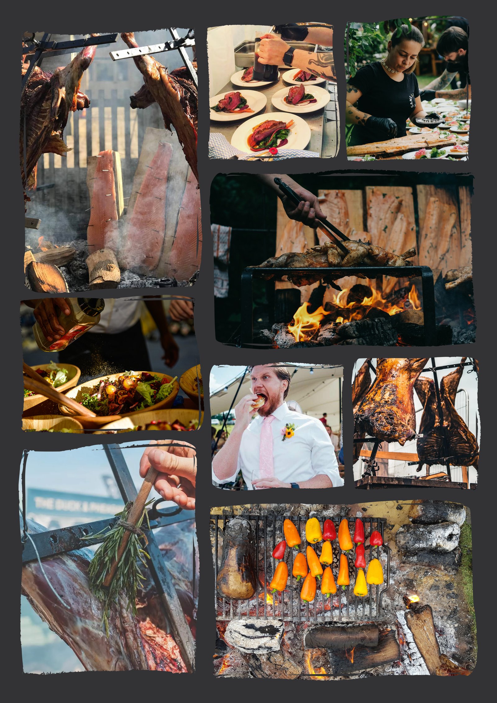 Fire cooking montage - salmon planks, flames, grilling