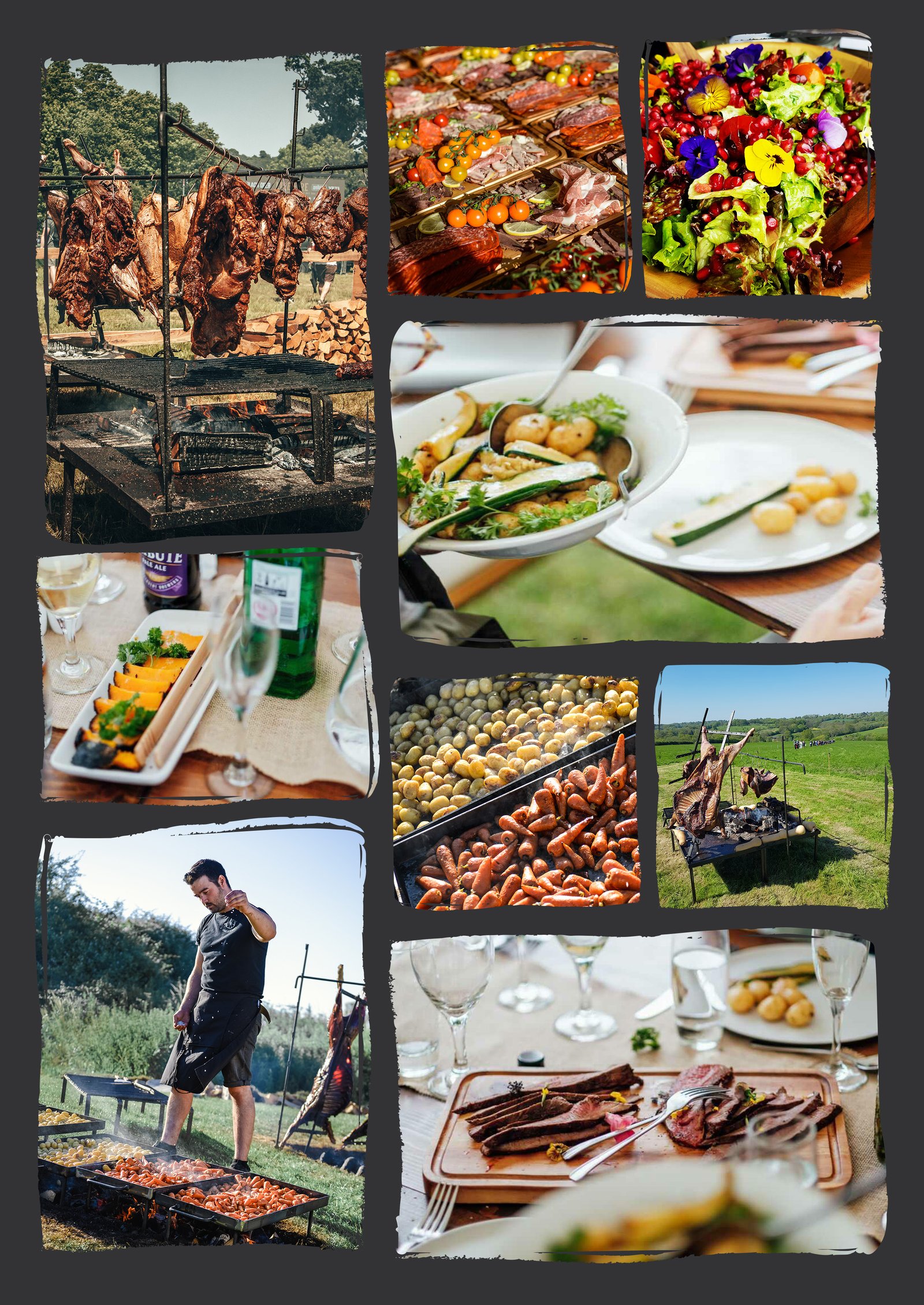 A spread of fire-cooked sharing dishes laid out on a wedding table for guests to taste