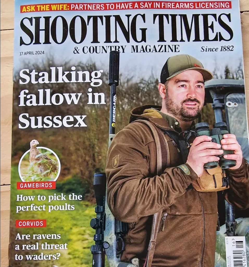 Cai Ap Bryn on the front cover of Shooting Times and Country Magazine - Stalking fallow in Sussex, April 2024