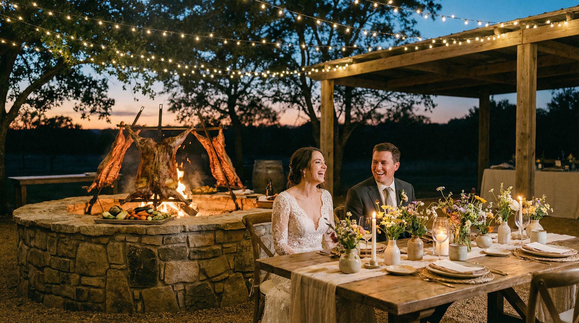 Outdoor wedding with live fire cooking